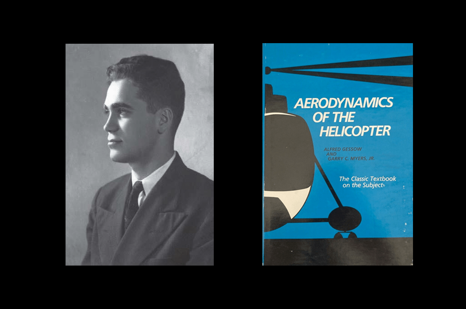 Alfred Gessow as a young man next to his seminal text book Aerodynamics of the helicopter